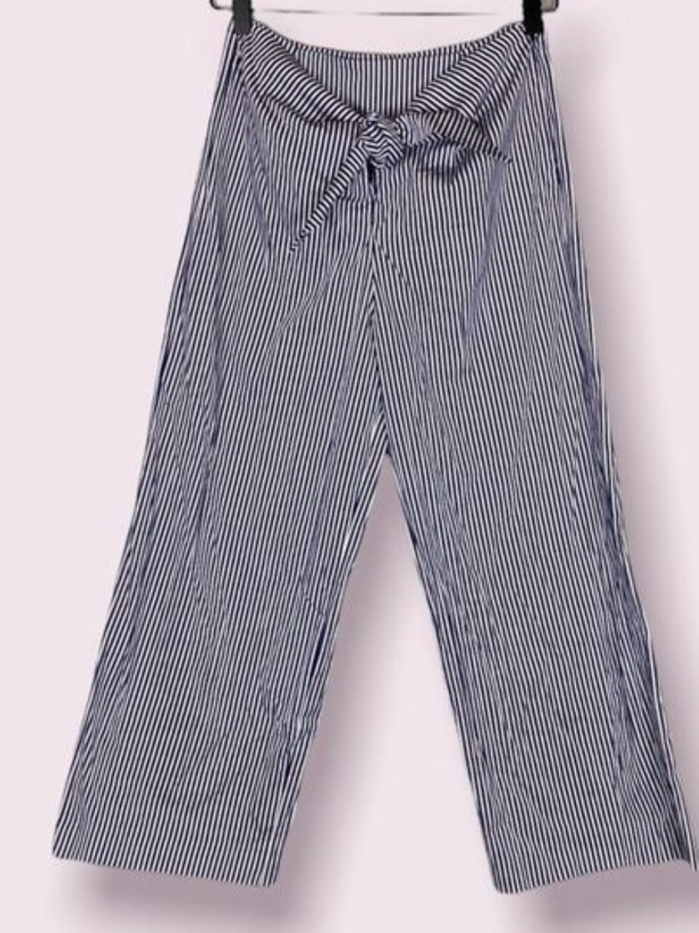 Zara Blue & White Striped Cropped Wide-Leg tie front pants Sz XS